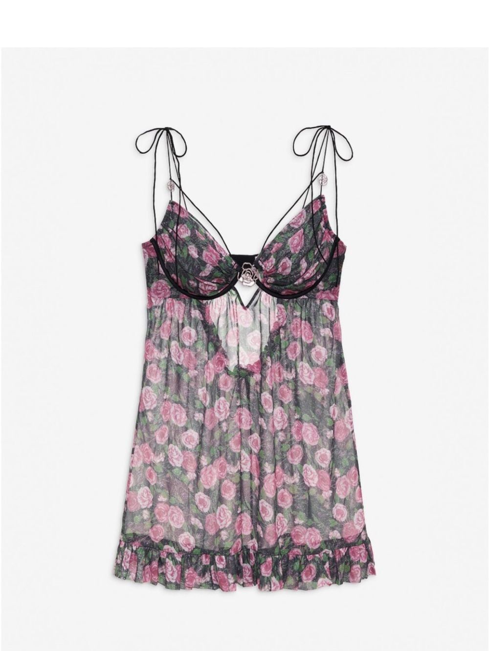 For Love & Lemons Ciara Slip Dress Black + Pink Rose Glitter Print (S) NWT